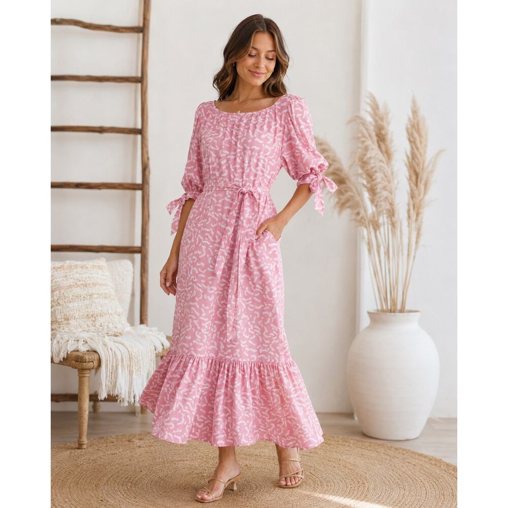 MIRTH Handmade Pink Abstract Print Belted Maxi Dress XS - Picture 5 of 8